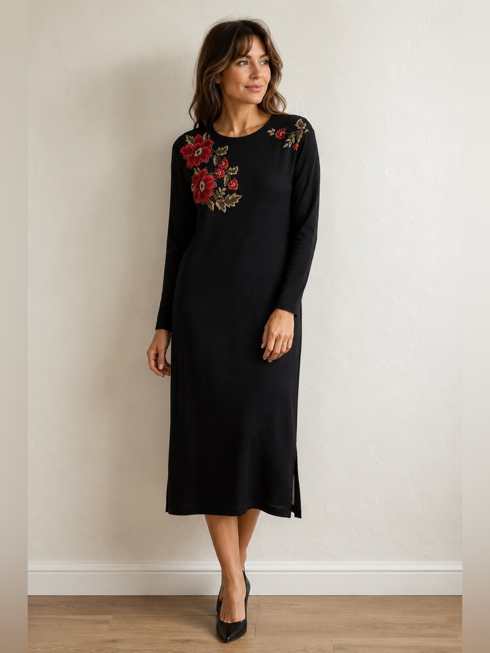 Vintage Susan Bristol Black‎ & Red Rose Midi Dress